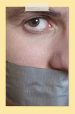 Image of man with duct tape over mouth